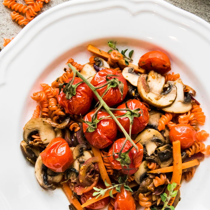 Cremechampignons mit Pasta und Budwig Dip