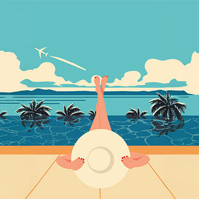 Illustration einer Person, die entspannt mit erhobenen Beinen am Infinity-Pool liegt, mit Palmen, Meer und einem Flugzeug im Hintergrund.