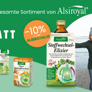 grüner Aktionsbanner mit vier Packshots, junger Frau mit Mütze am Meer und Hinweis auf 10 Prozent Rabatt auf das Sortiment von Alsiroyal