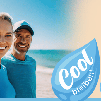 Mann und Frau am Strand mit Tropfen mit Slogan "Cool bleiben!"
