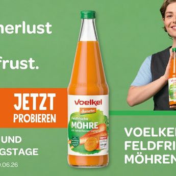 Sommerlust statt Hitzefrust: Probieren Sie vom 15. bis 20. Juni in allen teilnehmenden Reformhäusern den Direktsaft Feldfrische Möhre von Voelkel