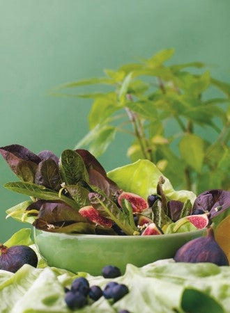 Blattsalat mit Blaubeeren, Feigen und Holunderblüten