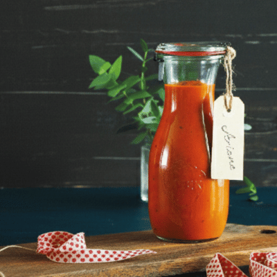 Tomatige Soße in einer Weithalsflasche mit Namenschild und Geschenkband 