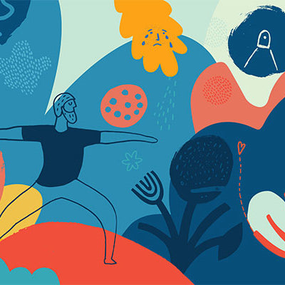 Bunte Illustration: Mann in Yoga-Pose als Symbolbild für Achtsamkeit und mentale Männergesundheit