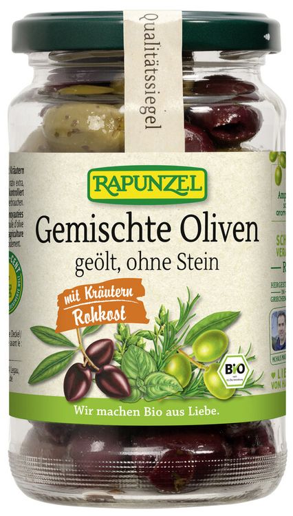 Rapunzel - Gemischte Oliven mit Kräutern, ohne Stein geölt, 170g