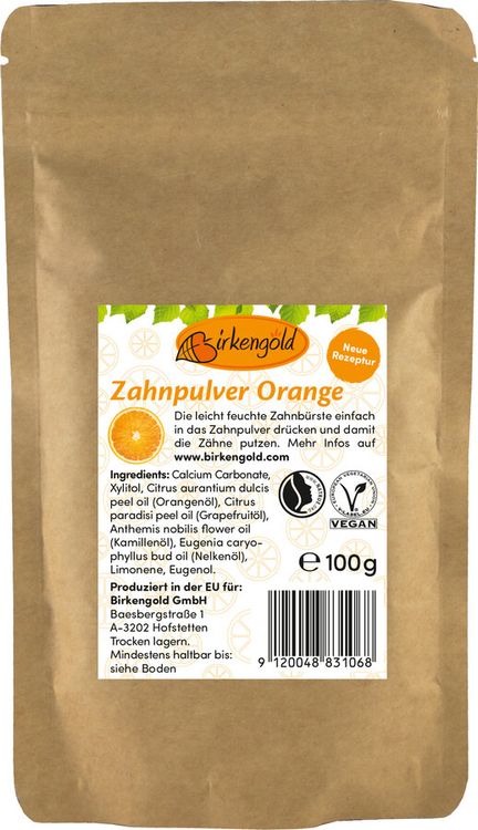 Birkengold - Zahnpulver Orange Nachfüllbeutel, 100g