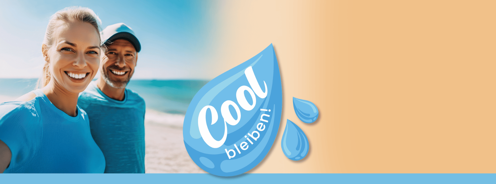 Frau und Mann am Strand mit Tropfen-Icon und Slogan "Cool bleiben!"