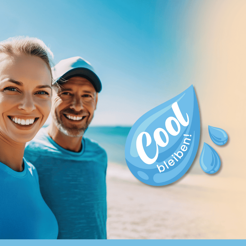 Frau und Mann am Strand mit Tropfen-Icon und Slogan "Cool bleiben!"