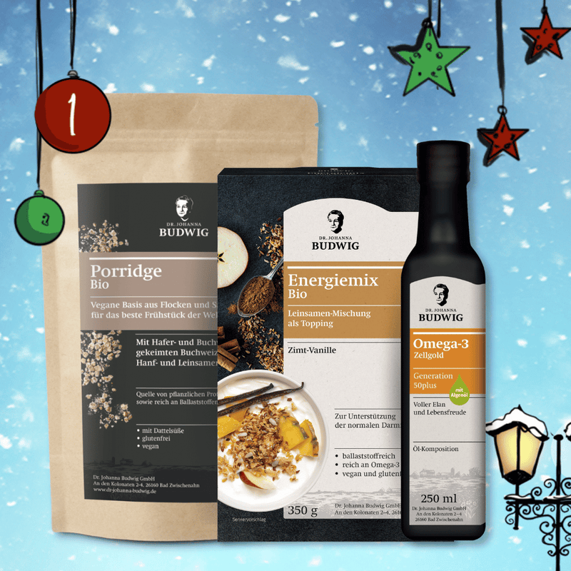 Ihre Gewinnschance am 1.12.: 3 Frühstücks-Sets mit Porridge, Bio Energiemix Zimt-Vanille & Zellgold 50plus von Dr. Budwig