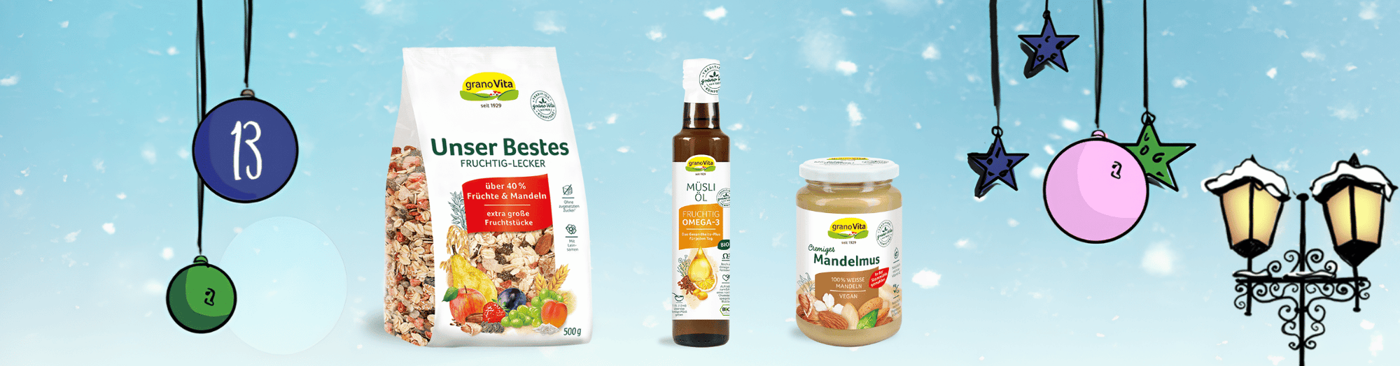 Ihre Gewinnchance am 13.12.: 5x Frühstücks-Pakete mit Mandelmus, Unser Bestes Müsli und Müsli-Öl von granoVita