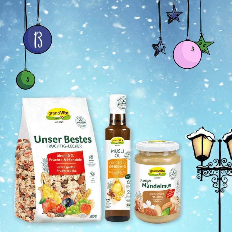 Ihre Gewinnchance am 13.12.: 5x Frühstücks-Pakete mit Mandelmus, Unser Bestes Müsli und Müsli-Öl von granoVita