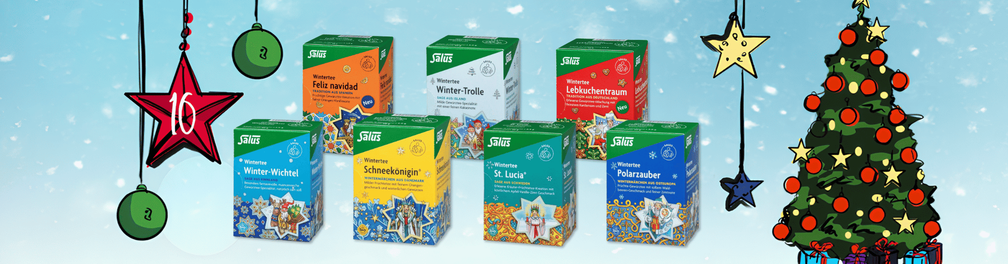Ihre Gewinnchance am 16.12.: 6x 1 Wintertee-Paket mit allen sieben Sorten von Salus