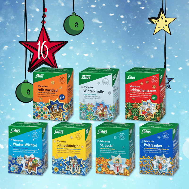 Ihre Gewinnchance am 16.12.: 6x 1 Wintertee-Paket mit allen sieben Sorten von Salus