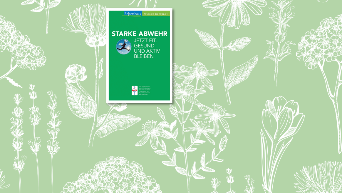 Titel vom Reformhaus Wissen kompakt "Starke Abwehr" auf grünem Hintergrund mit weißen Pflanzenillustrattionen
