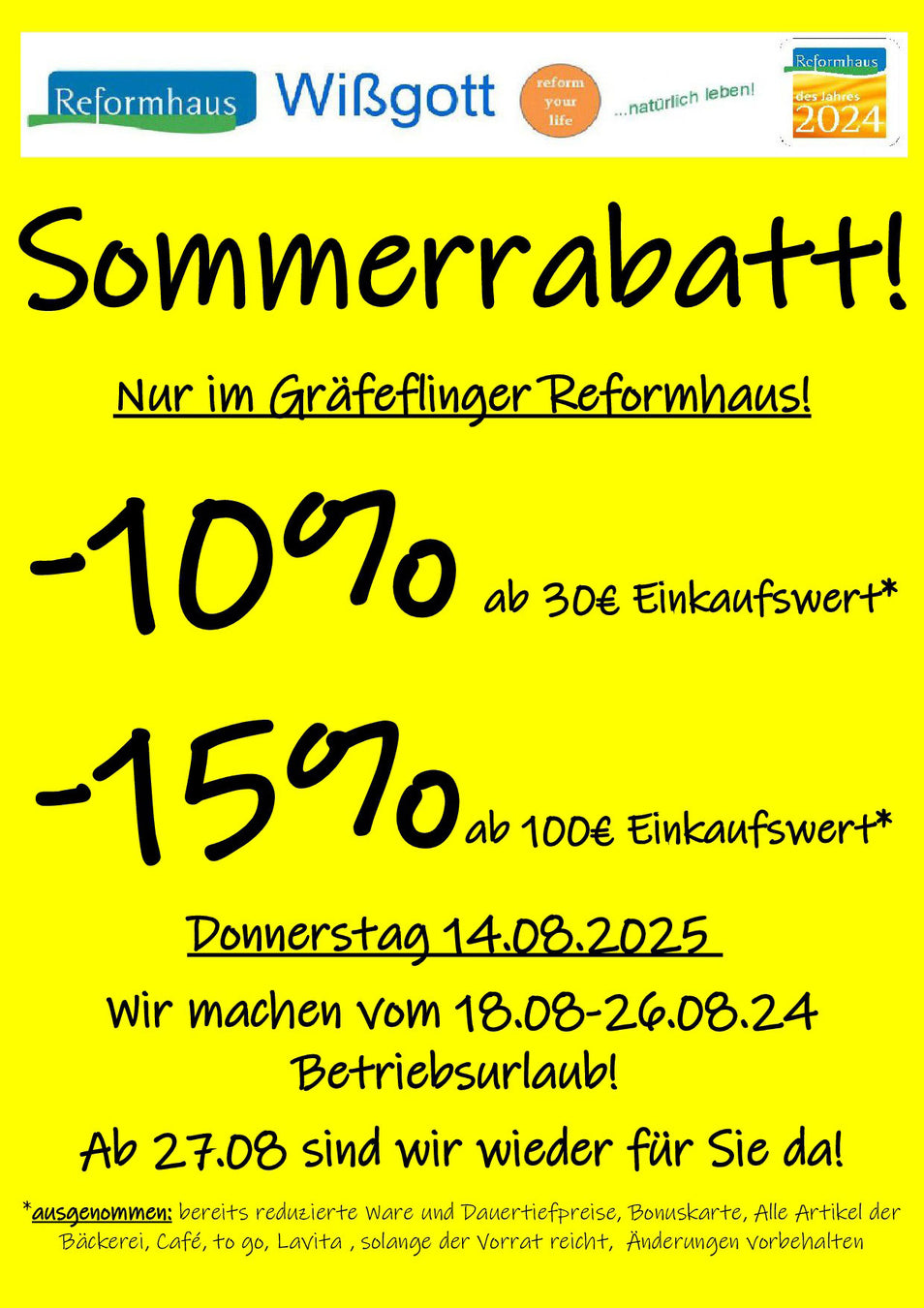 Rabatt ab 30 Euro Einkaufwert am 14.08.2025 im Reformhaus Wißgott