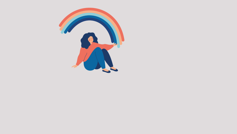 Illustration mit grauem Hintergrund und einer sitzenden Frau unter einem Regenbogen