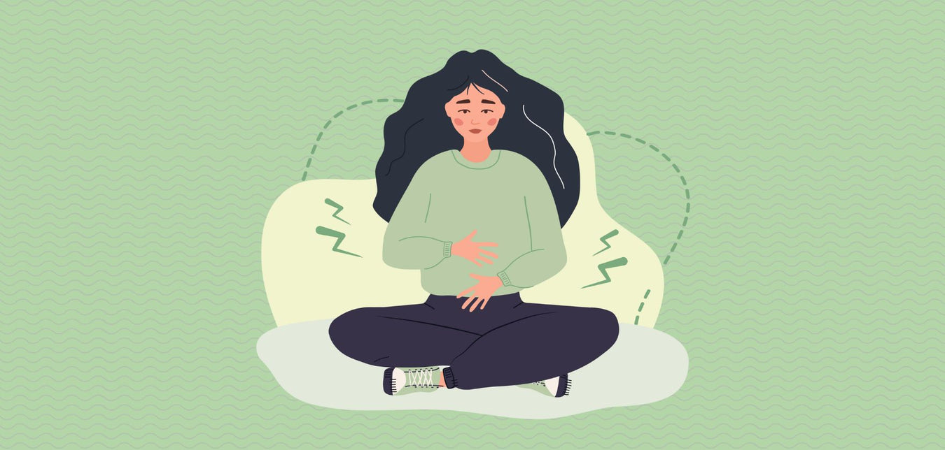 Illustration von dunkelhaariger Frau, die sich den Bauch hält