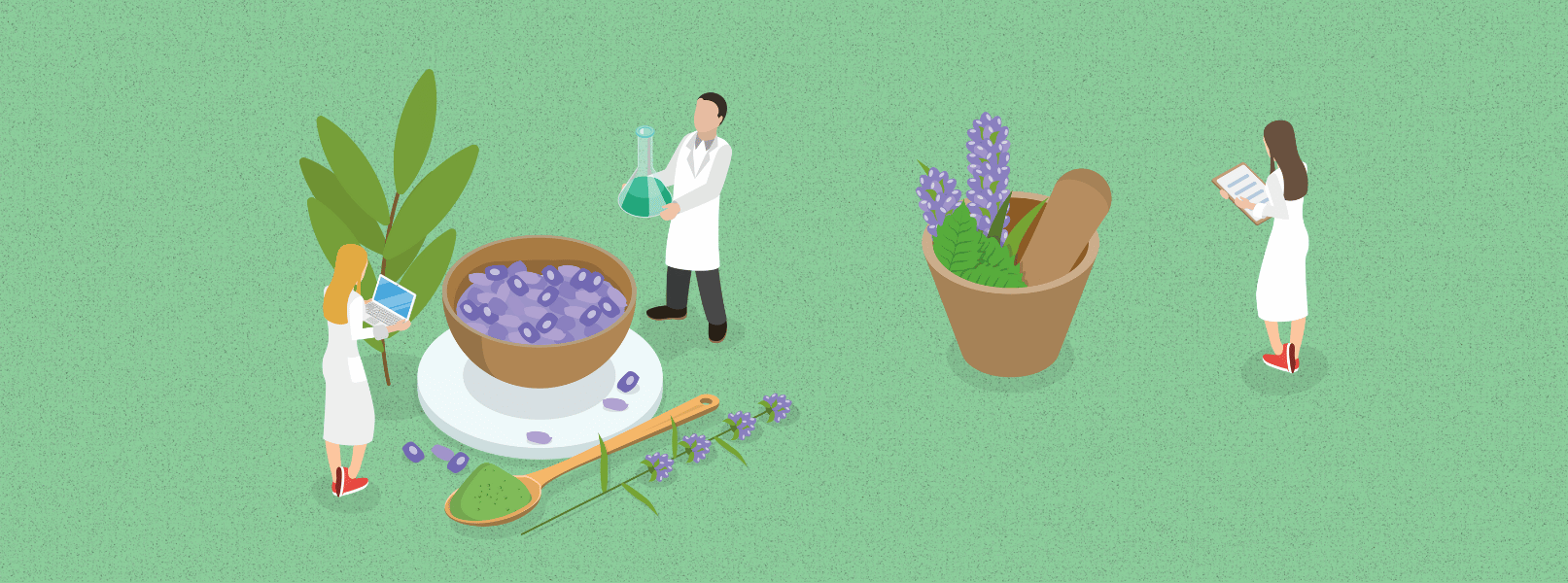 Illustration von drei Personen in weißen Kitteln, die mit Pflanzen, Kräutern, einem Reagenzglas und einer Schale arbeiten – Symbol für Forschung und Entwicklung von Naturkosmetik.