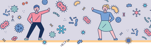 Illustration von einem Mann und einer Frau um die herum viele Viren und Bakterien  schweben