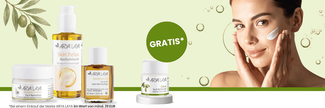 Kaufen Sie auf reformhaus.de vom 15.-28.02. ARYA LAYA Produkte für mind. 29 Euro und erhalten Sie die Reisegröße Olive Tag & Nachtpflege Reisegröße gratis dazu.