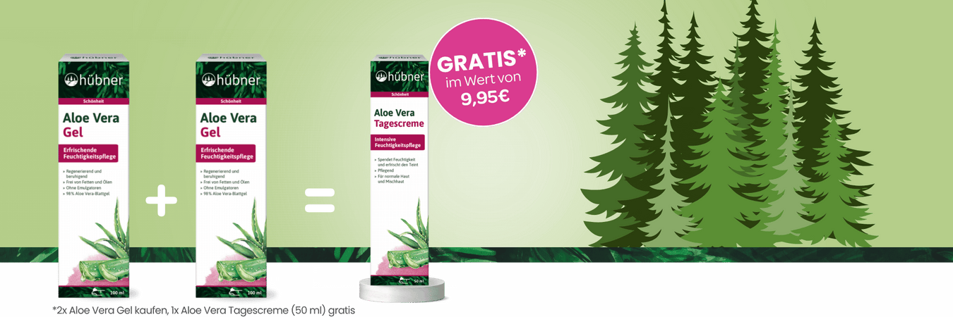 Sie kaufen zweimal hübner Aloe Vera Gel (100 ml) und erhalten eine Aloe Vera Tagescreme (50 ml) gratis dazu; gilt 1. bis 14. Juli