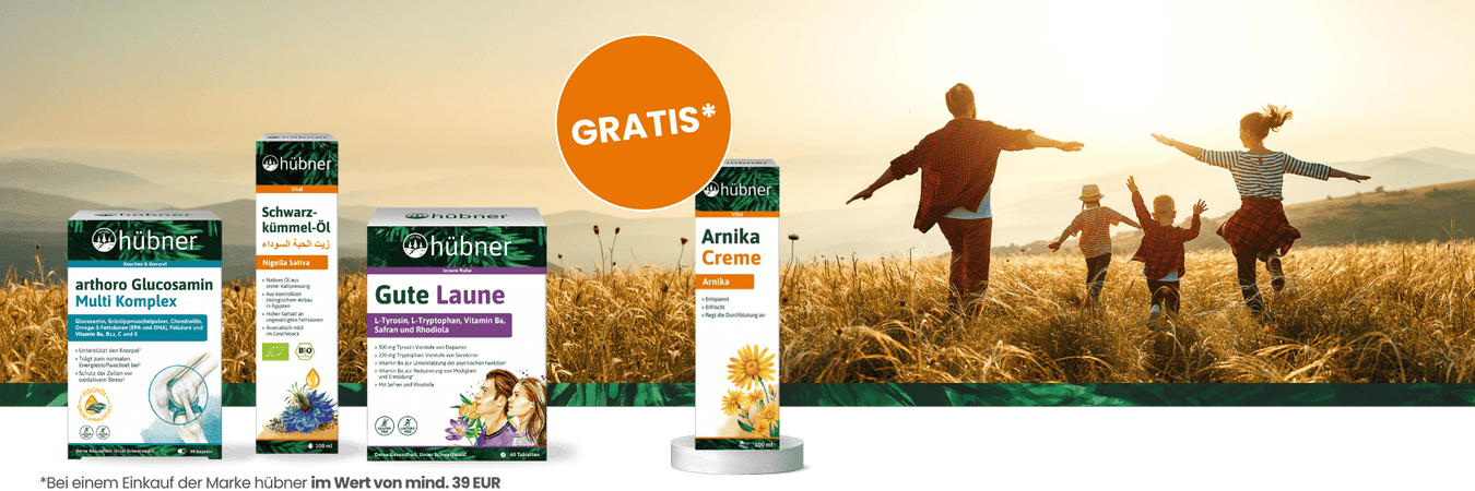Kaufen Sie vom 15. bis 31. März hübner Produkte im Wert von mind. 39 Euro und erhalten Sie die Arnika Creme gratis zu Ihrer Bestellung dazu. 