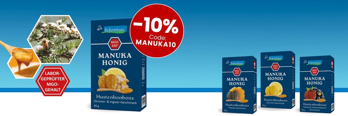 1. bis 14. Dezember: 10 Prozent Rabatt mit MANUKA10 auf Reformhaus Manuka Honig plus eine Packung Manuka Honig Bonbons gratis zu jeder Manuka-Bestellung