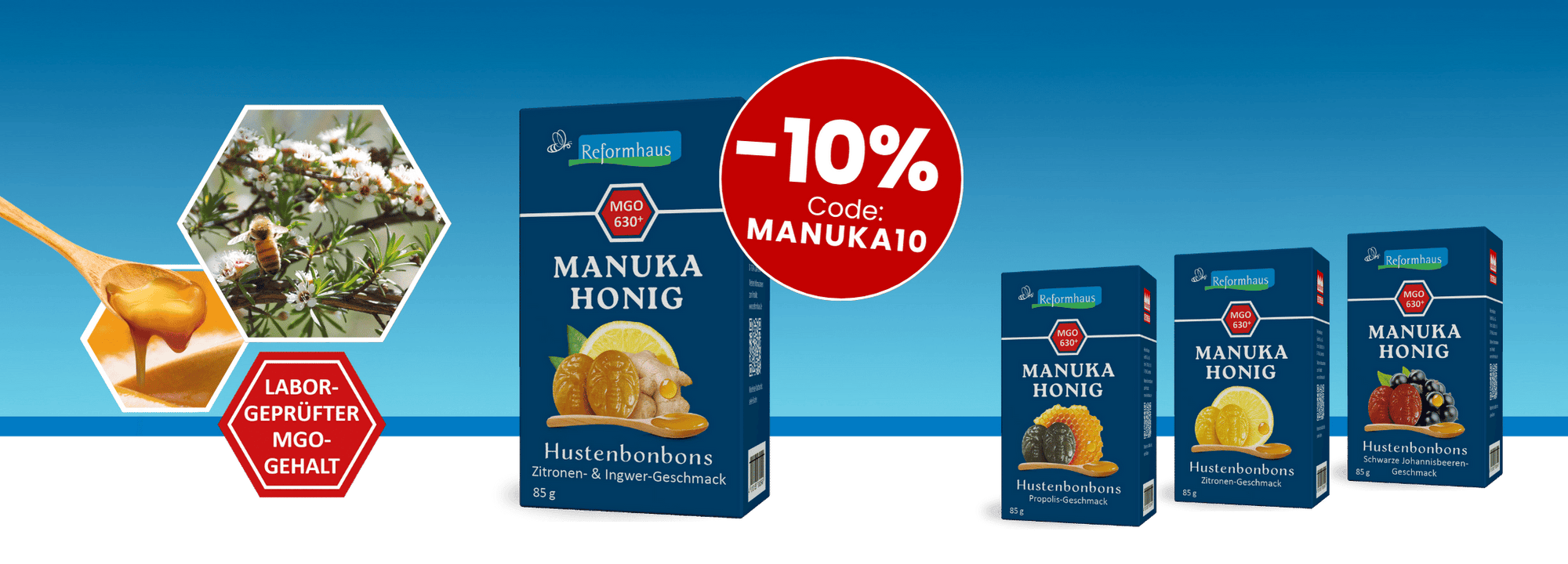 1. bis 14. Dezember: 10 Prozent Rabatt mit MANUKA10 auf Reformhaus Manuka Honig plus eine Packung Manuka Honig Bonbons gratis zu jeder Manuka-Bestellung