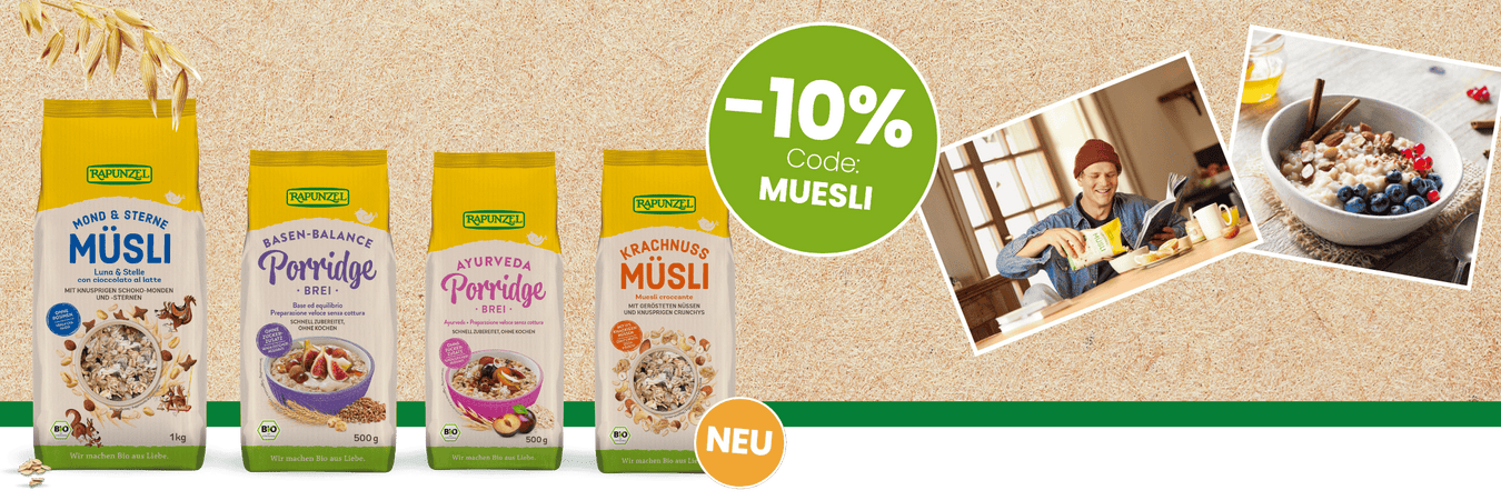 10 Prozent Rabatt auf Müsli und Porridge von Rapunzel mit dem Code MUESLI